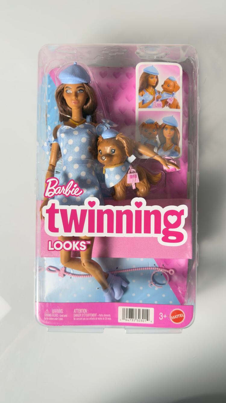 Barbie Twinning Looks Brunette Doll & Pet Dog Blue Polka Dot JFP38 New